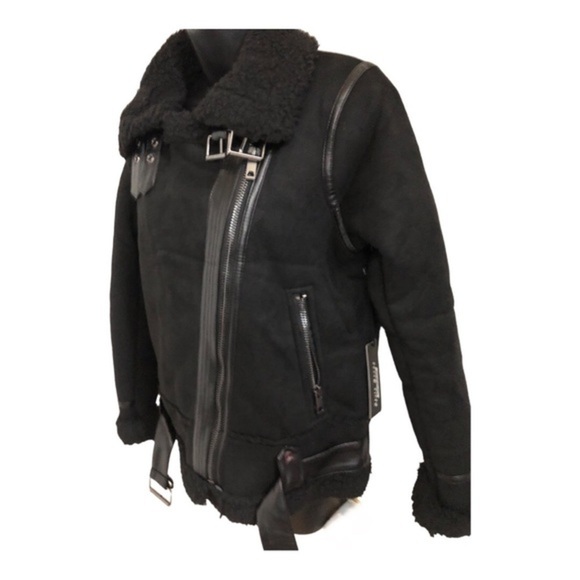 Black moto bomber‎ buckled faux shearling leather coat jacket size large new - Picture 7 of 16